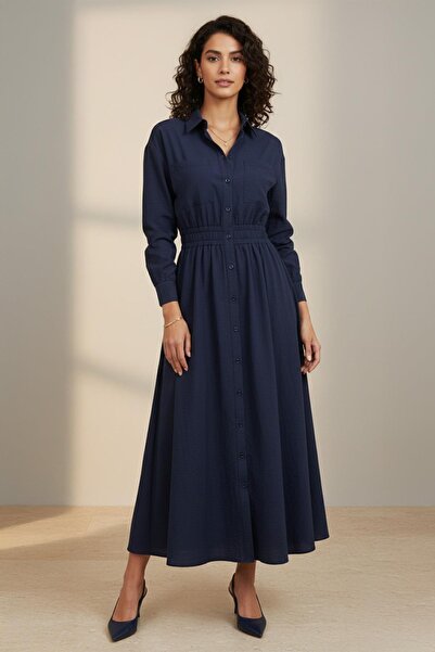 Loreen Women's Long Sleeve Shirt Collar Sash Detailed Maxi Dress -20681Elb - ...