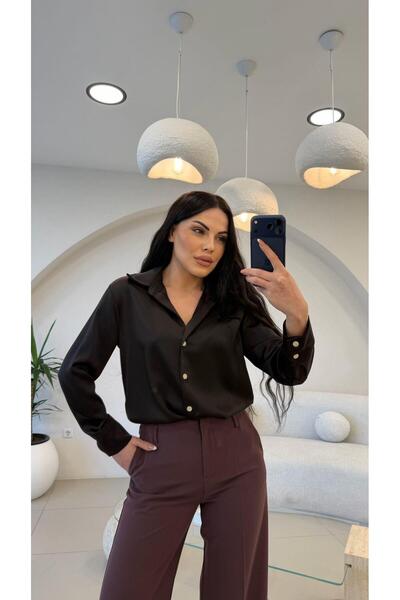 Şulenin Butiği ÇİFT MANŞET TOK KUMAŞ SATEN GÖMLEK KAHVE