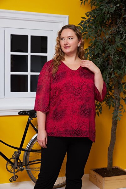 RMG V-Neck Patterned Plus Size Fuchsia Blouse