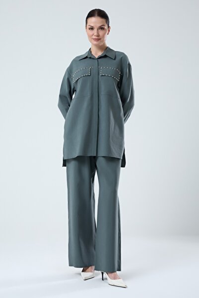 Jupe Kadın Kuşgözü Detaylı Tensel Gömlekli Takım 8594