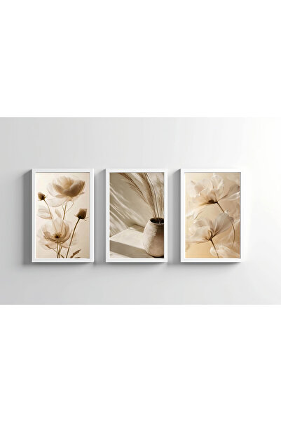bestablo Minimal Floral 3-Piece Painting Set |   Wood, Black, White Frame |  ...