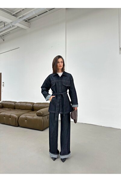 Ben Özgürüm Gizli Düğmeli Kuşaklı Cepli Kadın Jean Takım