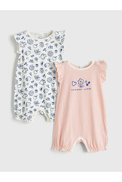 LC Waikiki Lcw Baby Ecru Ruffle Detailed Baby Girl Combed Cotton Jumpsuit 2-Pack