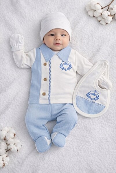 Superbaby 5-piece white-blue newborn set, premium cotton, elegant style with bib