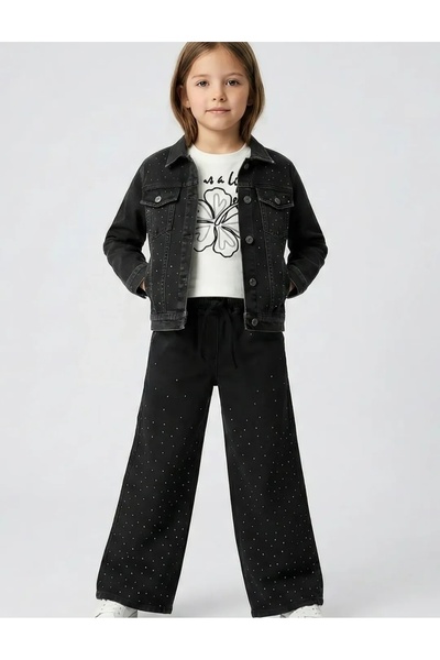 Dmb طقم بنطلون جينز للفتيات مع جيوب وأزرار، سترة جينز مزينة بالأحجار مع خصر م...