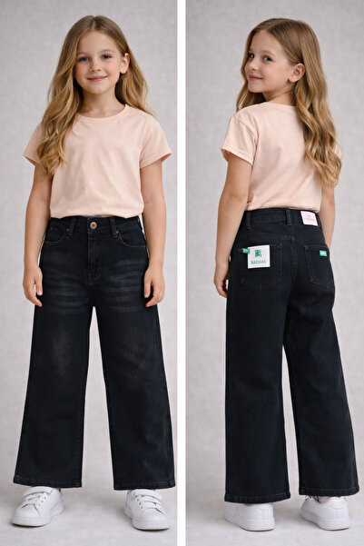 NOBLEKIDS Wide Leg Black Denim Pants – Adjustable Waist, Girls, 5–8 Years