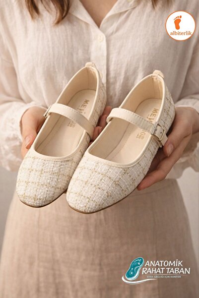 AlbiShoes Tweed Fabric Mary Jane Ballet Flats Stylish Buckle Anatomical Sole ...