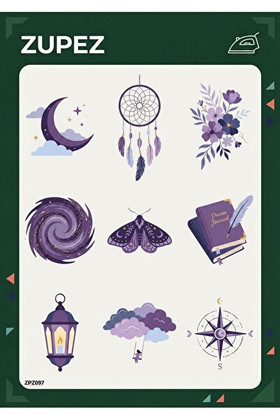zupez Mor Tonlarda Ay Yıldız Dreamcatcher Pusula Ütüyle Uygulanabilir Transfer
