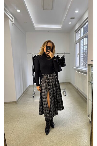 Butik SİYAH KRELİ YIRTMAÇ DETAYLI ETEK