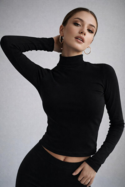 WILD BEE Women's Black Half Turtleneck Long Sleeve Blouse