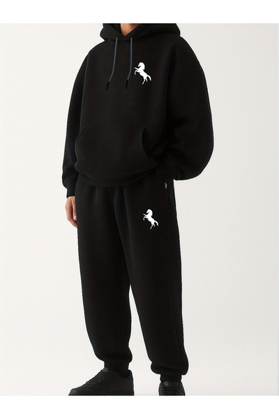 PENTHİLUS Unisex Design Printed 3 Thread Ş Fleece-Lined K Hooded Tracksuit Set