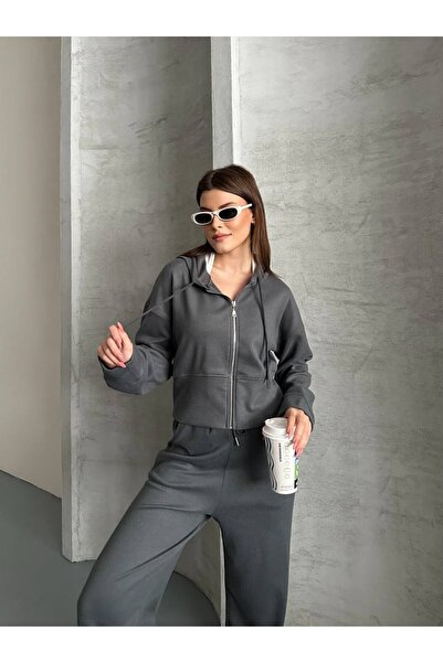 TrendParis Set de trening din țesătură Selanik cu fermoar cu glugă și picioar...