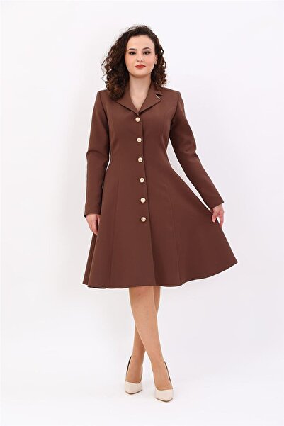 ÖNDER ÖZSOY Prenses Düğmeli Zarif Kadın Elbise-Kestane