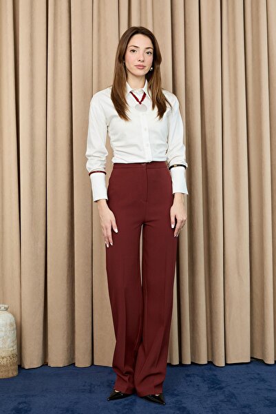Puane Women's High Waist Fabric Trousers -18279Pnt - Burgundy