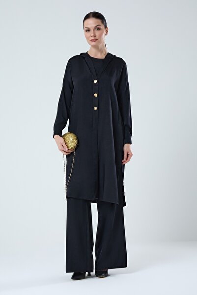 Jupe Kadın Altın Düğme Detaylı İpek Kupra Üçlü Salaş Takım 8586