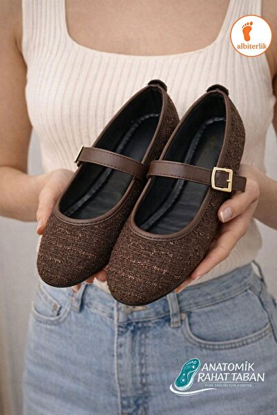 AlbiShoes Tweed Fabric Mary Jane Ballet Flats Stylish Buckle Anatomical Sole ...