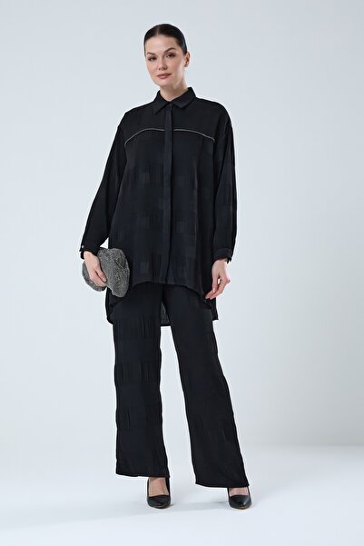 Jupe Kadın Taş Detaylı Piliseli Dokuma Gömlekli Takım 8588