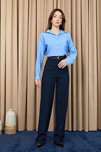 Puane Women's High Waist Fabric Trousers -18279Pnt - Navy