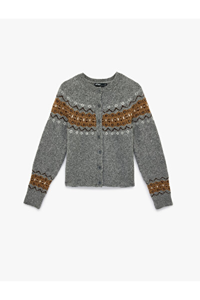 Koton Long Sleeve Crew Neck Ethnic Patterned Knitwear Cardigan