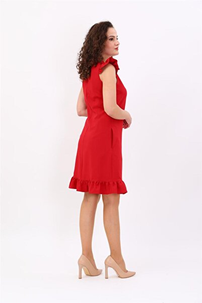 ÖNDER ÖZSOY Ruffle Detailed Pocketed Comfortable Women's Dress-Red