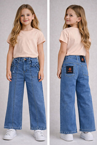 NOBLEKIDS Wide Leg Denim Pants Blue – Adjustable Waist, Girls, 5–8 Years