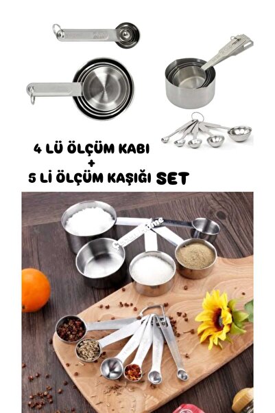ÇEÇEN HOME 9 Parça Mutfak Ölçek Seti 4'Lü Çelik Sıvı Ölçek Ölçü Kapları + 5 L...