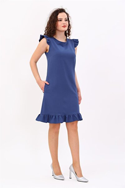 ÖNDER ÖZSOY فستان نسائي مريح بتفاصيل كشكشة وجيوب - لون نيلي