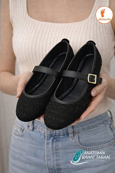 AlbiShoes Tweed Fabric Mary Jane Ballet Flats Stylish Buckle Anatomical Sole ...