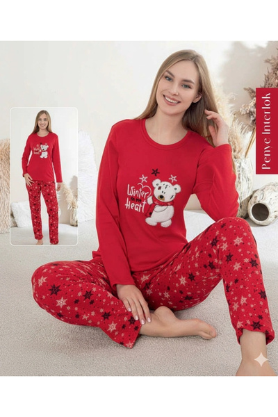 BOYRAZ Red Patterned Combed Cotton Long Sleeve - Women's Pajama Set