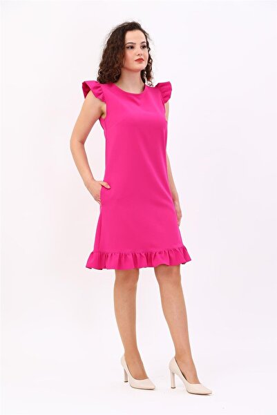 ÖNDER ÖZSOY Ruffle Detailed Pocketed Comfortable Women's Dress-Fuchsia