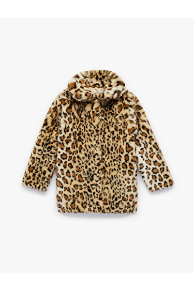 Koton Palton cu mâneci lungi guler tip Peter Pan din pluș leopard