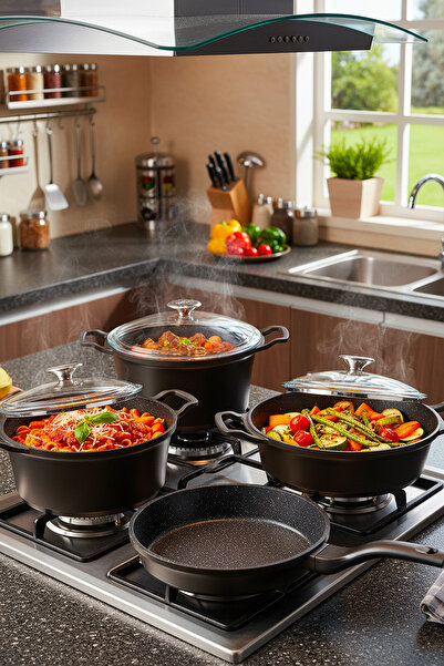 Masterchef 7 Parça Döküm Tencere Seti – 20 / 24 / 26 cm Cam Kapaklı, Granit K...