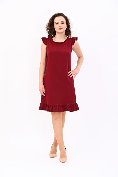 ÖNDER ÖZSOY Ruffle Detailed Pocketed Comfortable Women's Dress-Burgundy