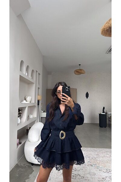 Buket Teke Jean Fabric Premium Double Layer Lace Detailed Dress