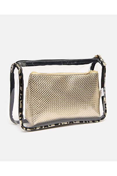 REDTAG طقم حقائب مستحضرات تجميل شفافة من قطعتين باللونين الأسود والذهبي للنساء