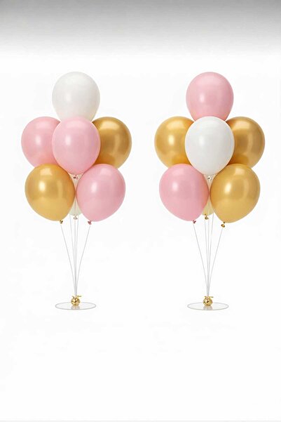 GÖRKEM TOPTAN PARTİ 2 Adet 7'li Balon Standı Ve 14 Adet -Pembe - Gold - Beyaz...
