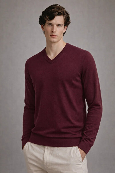 COMBİNE MİCHAİL Erkek Kışlık Bol Bordo V Yaka Triko Kazak