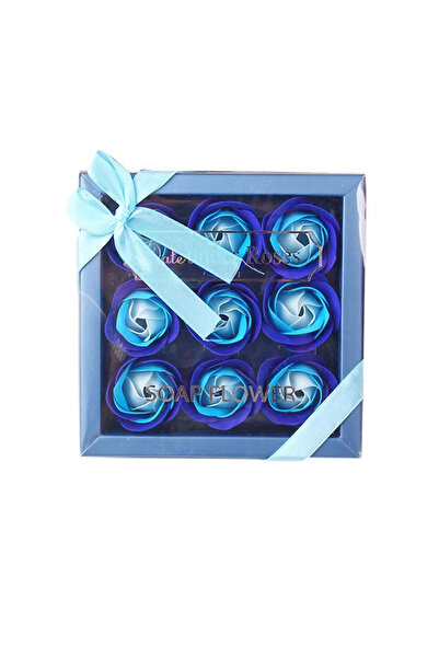 OEM Blue and teal soap rose arrangement in an elegant box with a transparent lid