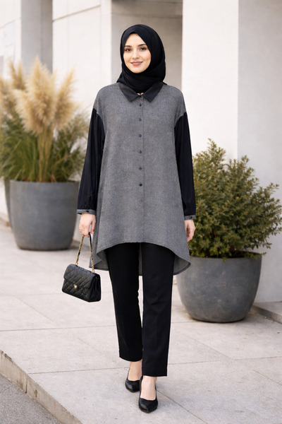 GARNİ Tunic with Leather Details on the Sleeves and Collar