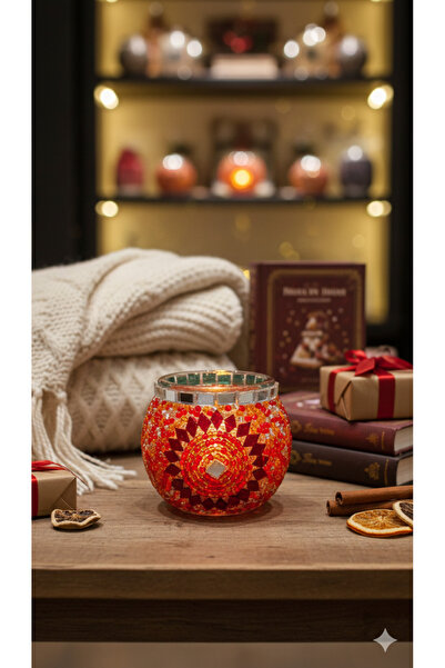 ARUZEN 🕯️ Mozaik Cam Mumluk – Kırmızı Yıldız Desenli (Dekoratif)