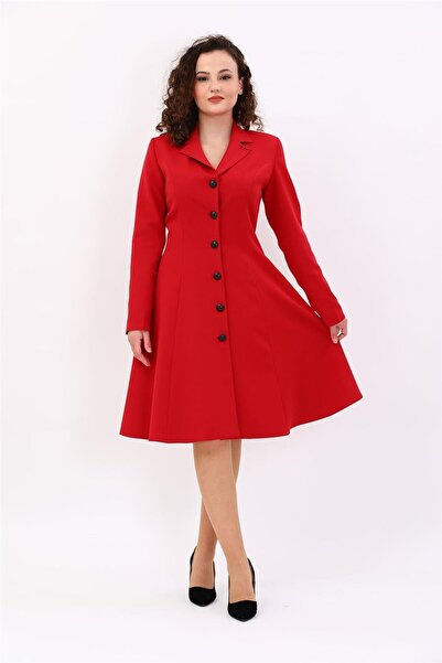 ÖNDER ÖZSOY Prenses Düğmeli Zarif Kadın Elbise-Kırmızı