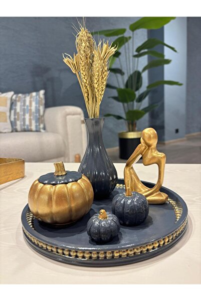 HomeAlışveriş Decorative Tray Set Anthracite Gold