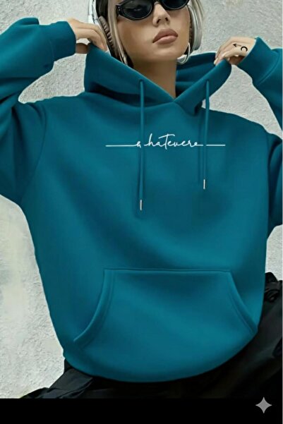 CAST COLLECTİON سترة نسائية ذات قلنسوة باللون البترولي الأزرق Whatever مطبوع