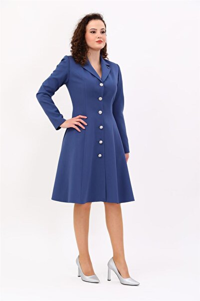 ÖNDER ÖZSOY Prenses Düğmeli Zarif Kadın Elbise-İndigo