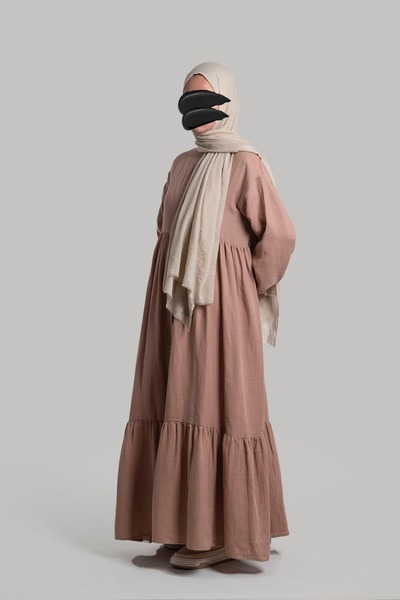 Lemaye Tam Boy Düğmeli Müslin Elbise - Pudra