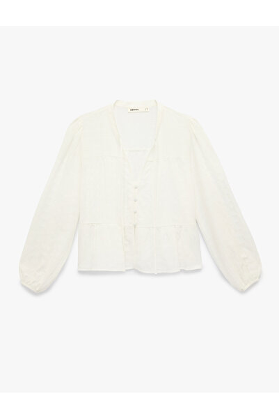 Koton Lace-Up Collar Buttoned Long Balloon Sleeve Shirt