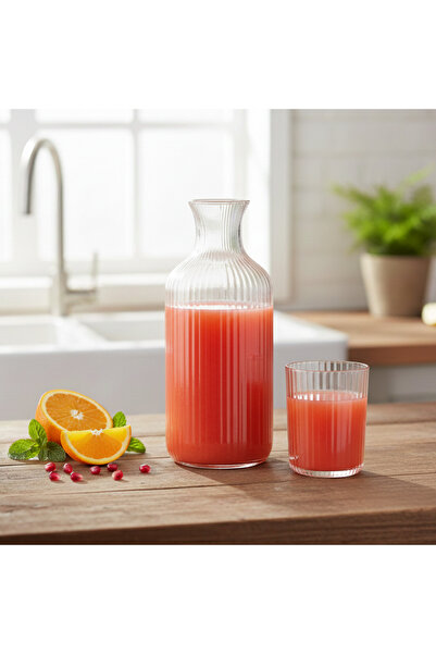 Kristella Lüks Çizgili Cam Sürahi Ve Bardak Seti - Başucu Karafı Ve Meşrubat ...