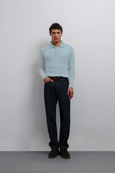 Antioch Baby Blue Buttoned Collar Men's Sweater