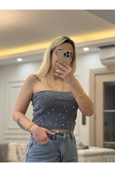 MACMEE Straplez taşlı crop