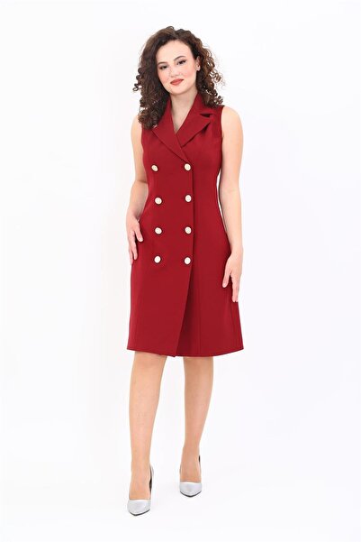 ÖNDER ÖZSOY Sıfır Kol Double-Breasted Women's Jacket Dress-Burgundy